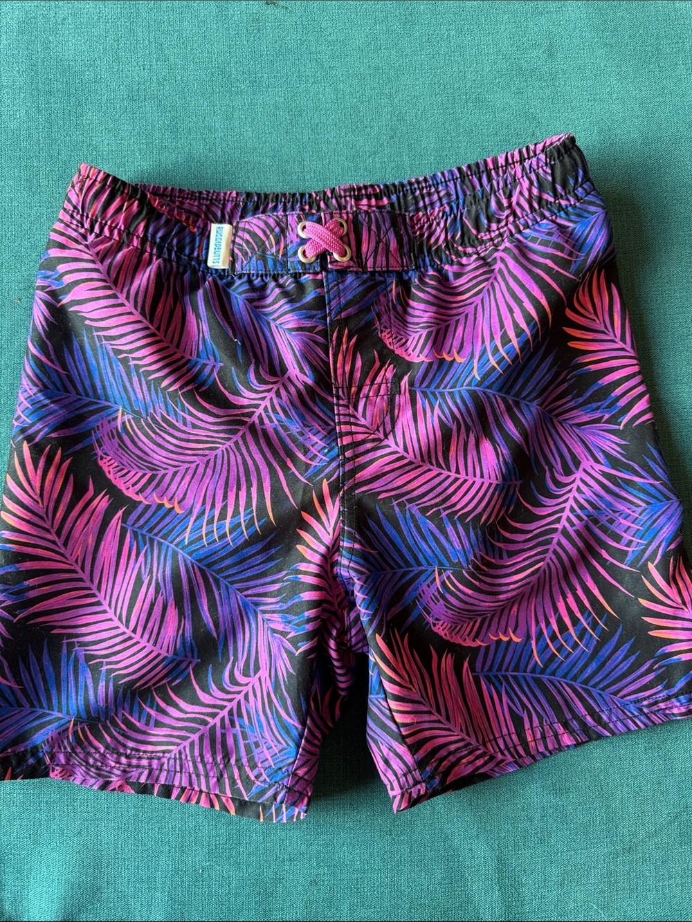 Ruggedbutts Neon Palm Print Swim Shorts - Pink & Purple on Black